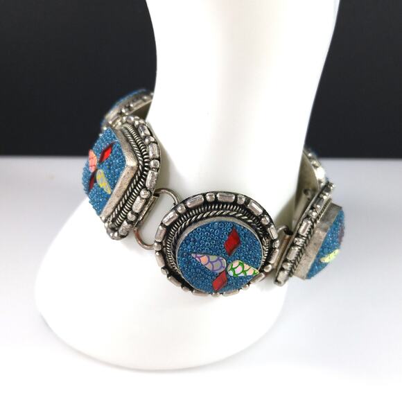 Art Crafted Five Linked Bracelet, Silver Tone, Iridescent Design, 1960s Vintage - Picture 2 of 10